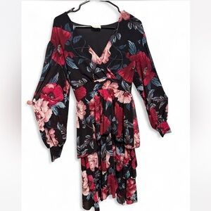 Ember Floral Black and Red Tiered Dress